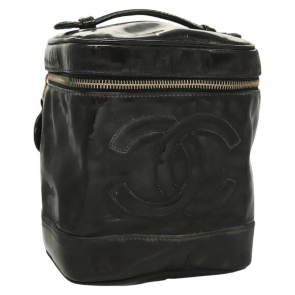 CHANEL COCO Mark Vanity Cosmetic Pouch Patent leather Black Gold CC Auth 127075 - Picture 1 of 16